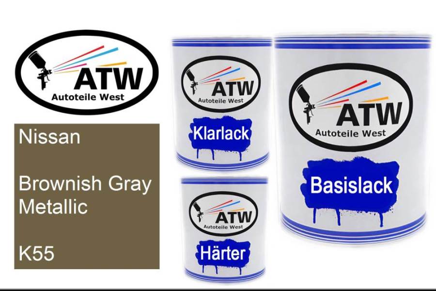 Nissan, Brownish Gray Metallic, K55: 1L Lackdose + 1L Klarlack + 500ml Härter - Set, von ATW Autoteile West.